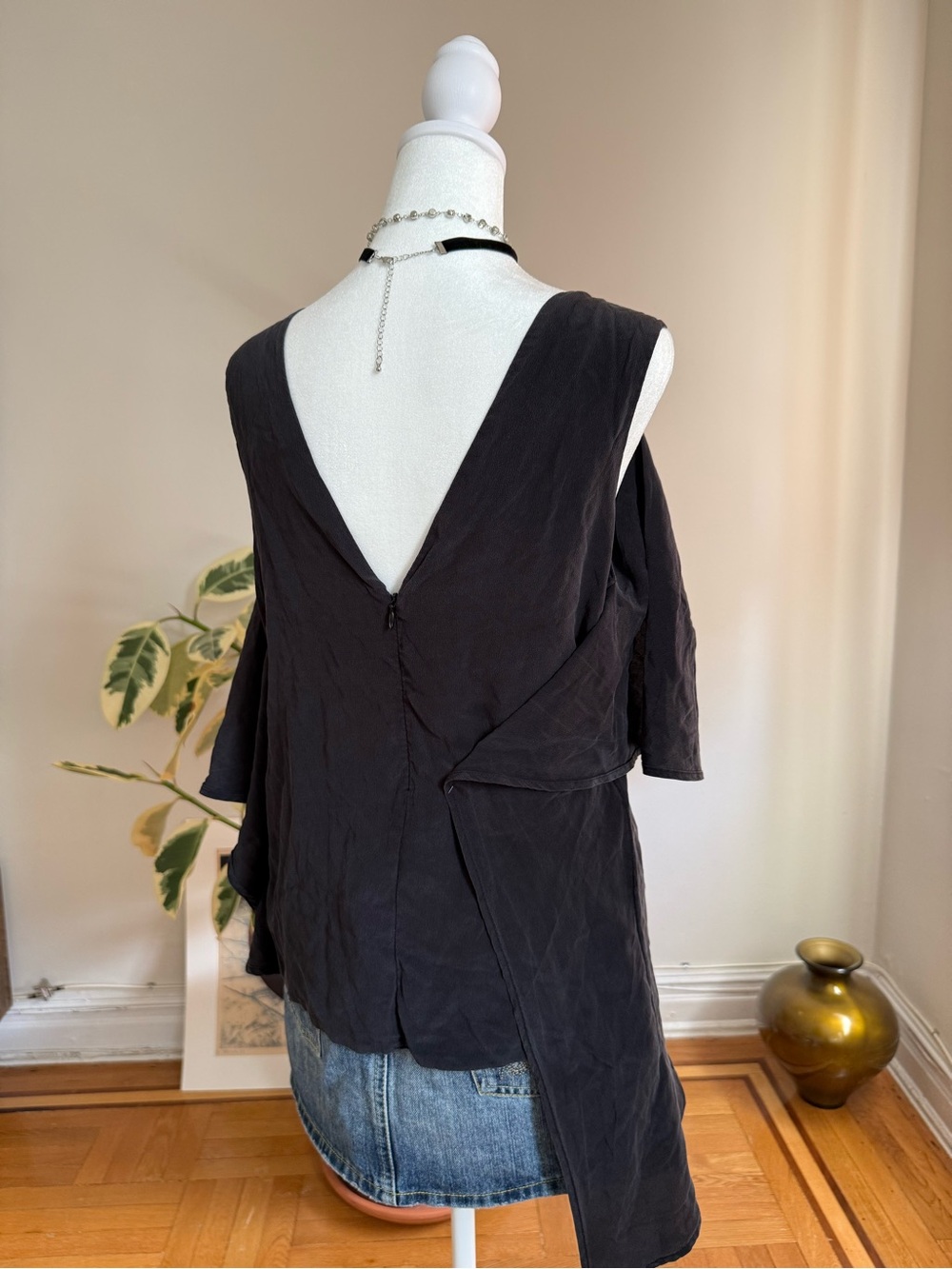 Annarita n Black 100% Silk Layered Asymmetric Women's Italian Blouse